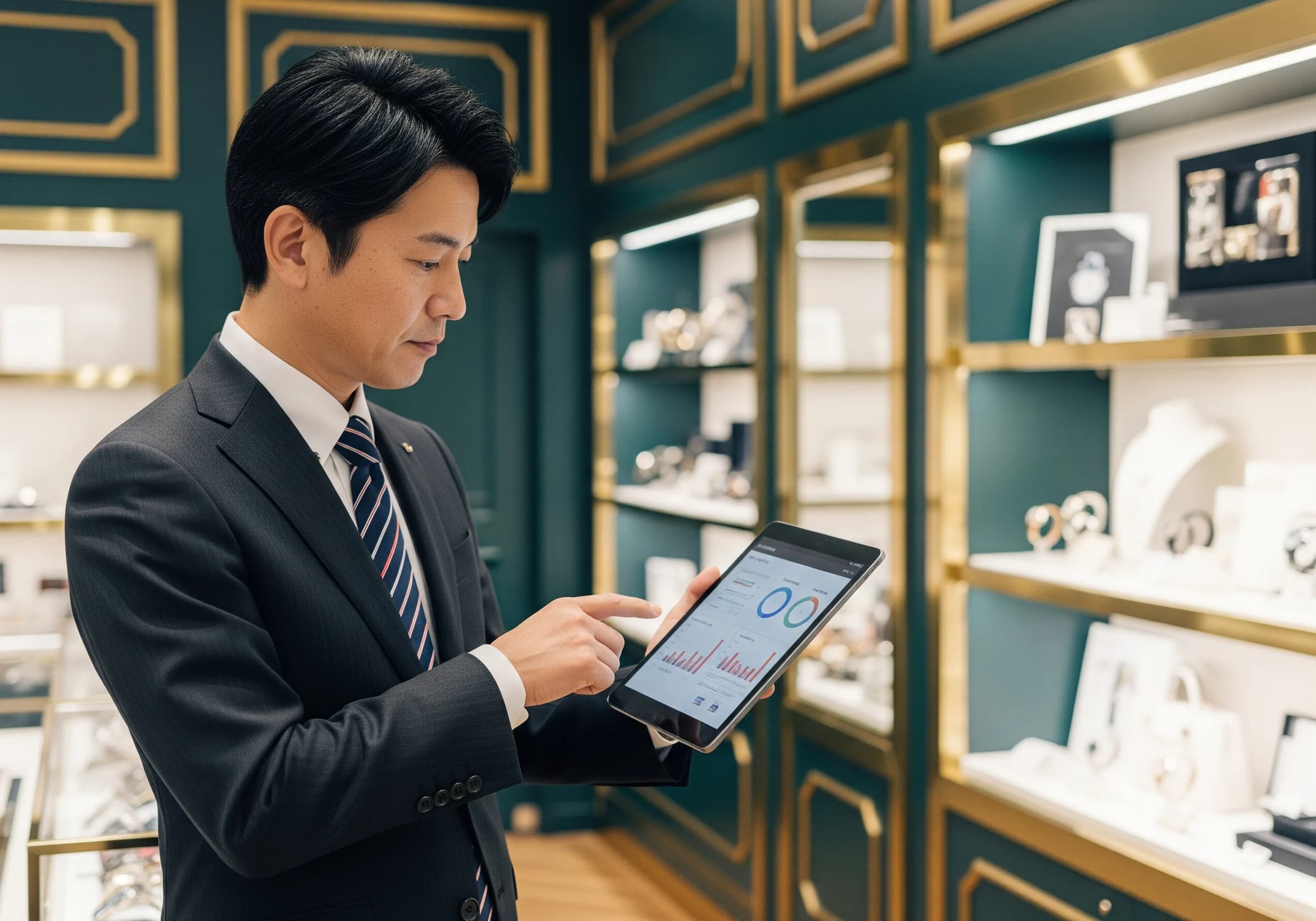 男性がタブレットで経営データを確認