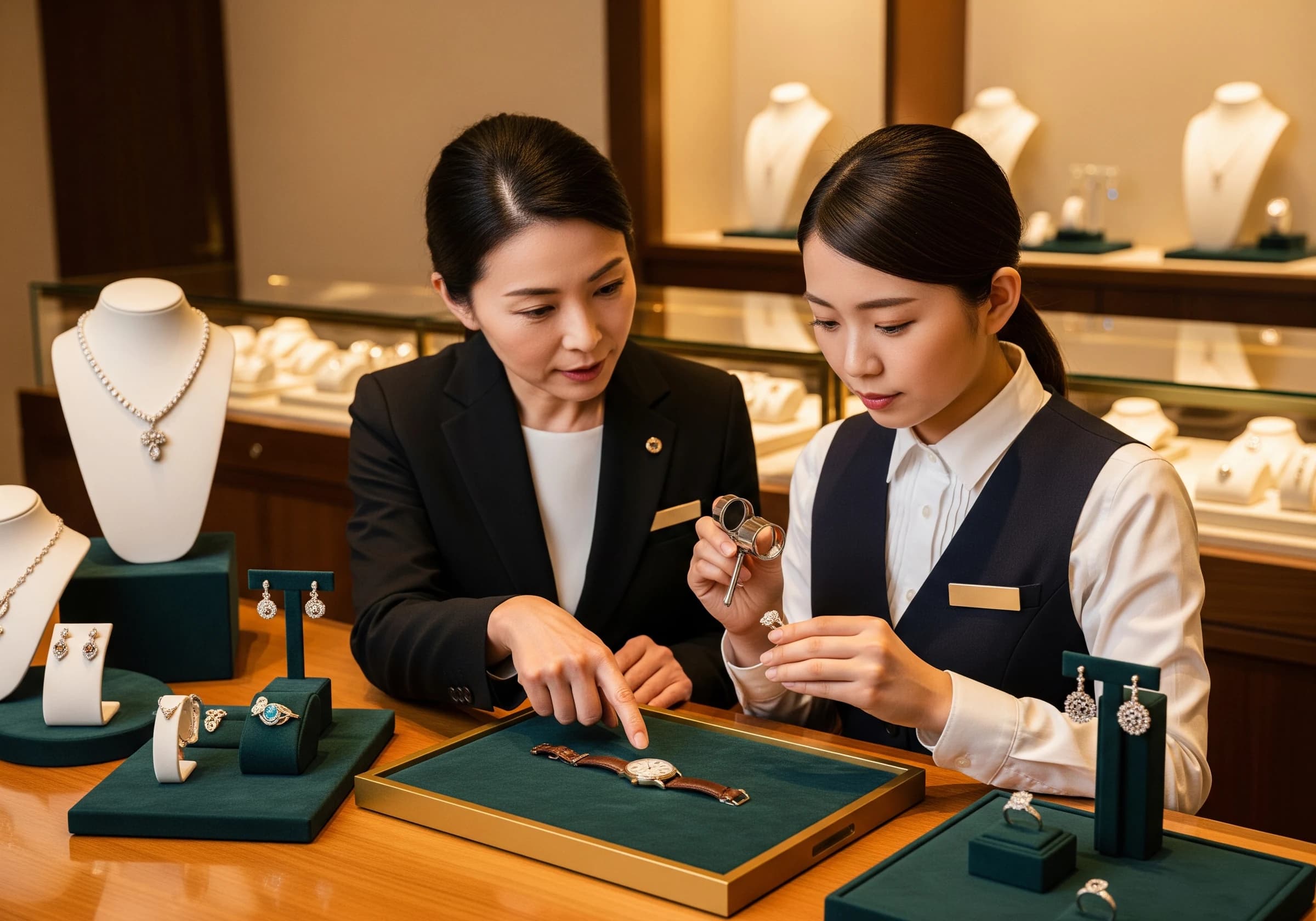 スタッフに接客と査定を指導する場面